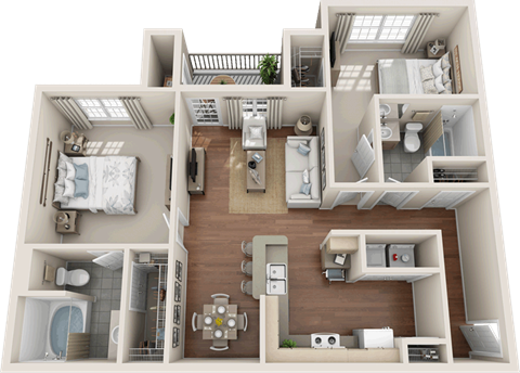 Floor plan for 2 beds, 2 baths, 960 sqft